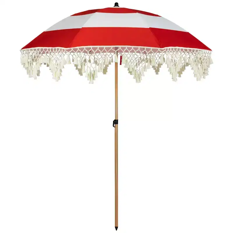 Northlight Striped Outdoor Macrame Boho Beach Market Umbrella with Tiltt- 6.5' - Red and White