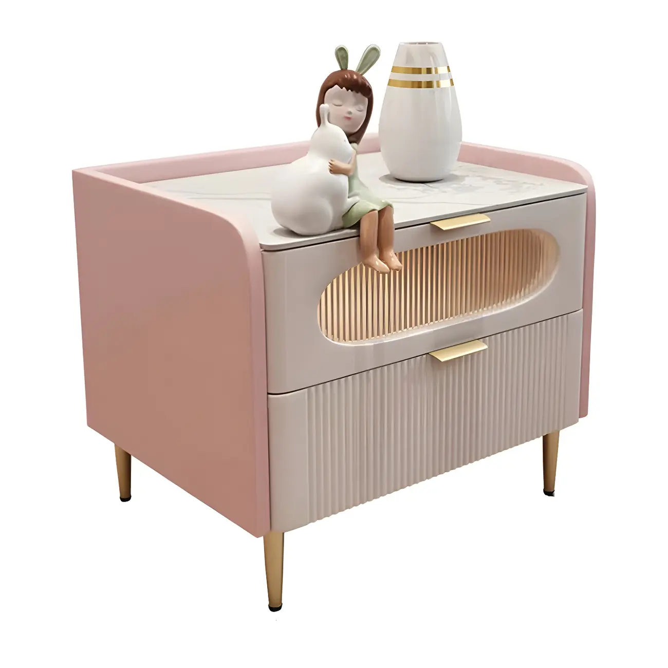 Modish Leather Bedside Table 2 Drawers with Stone Countertop