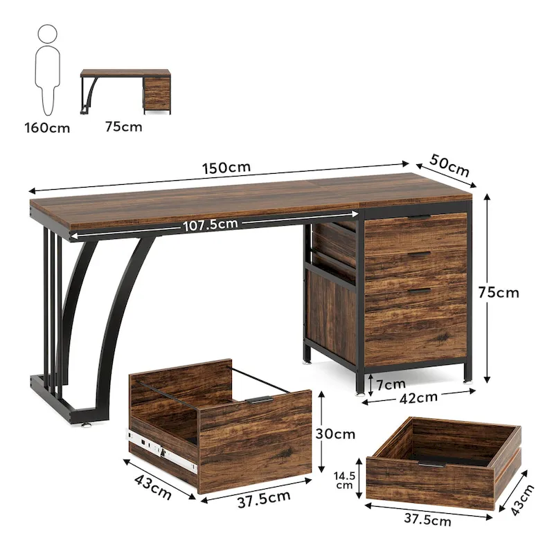 59-inch Wood/ Metal Computer Desk Writing Table with 3 Reversible Drawers