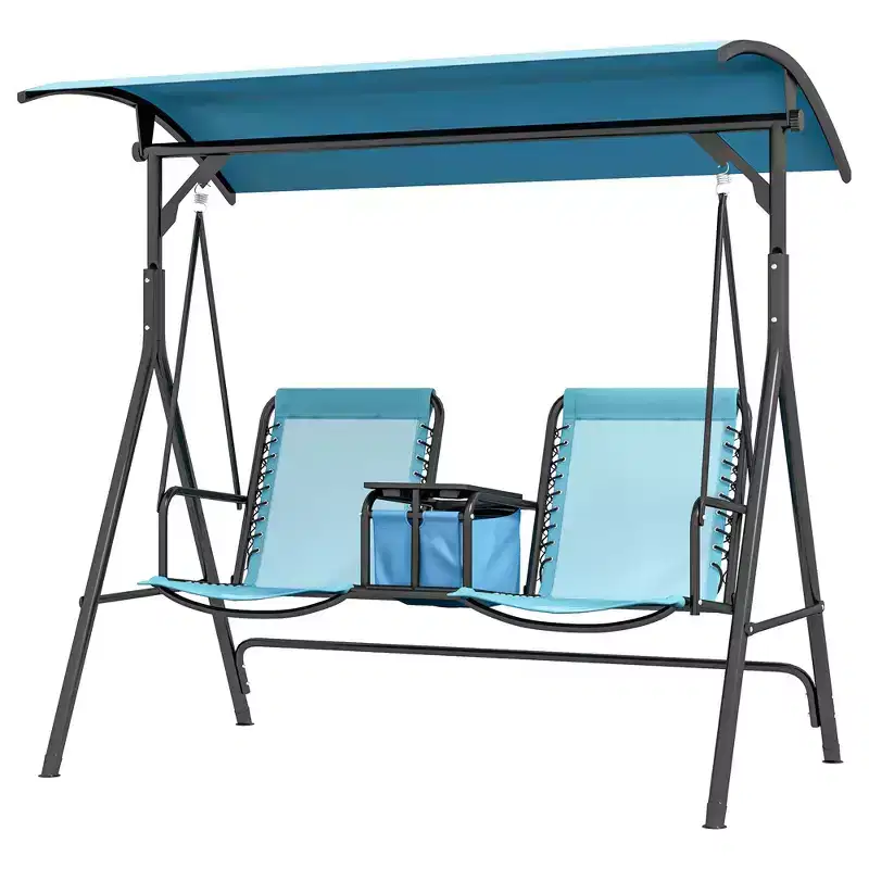 2-Person Portable Patio Swing with Canopy, Cup Holders and Stand, Blue