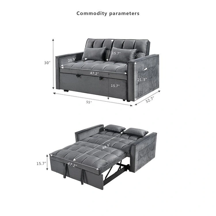 Modern Velvet Loveseat Futon Sofa Couch Pullout Bed, Small Love Seat Lounge Sofa w/Reclining Backrest, Toss Pillows, Pockets