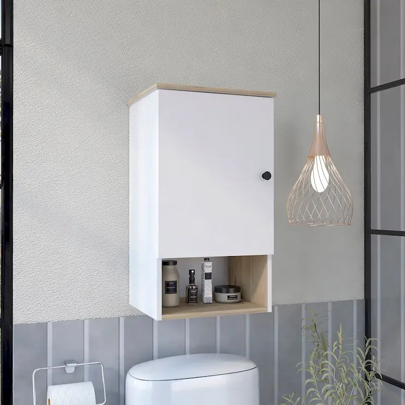 White / Gray Single-Door Bathroom Medicine Cabinet with Open Shelf