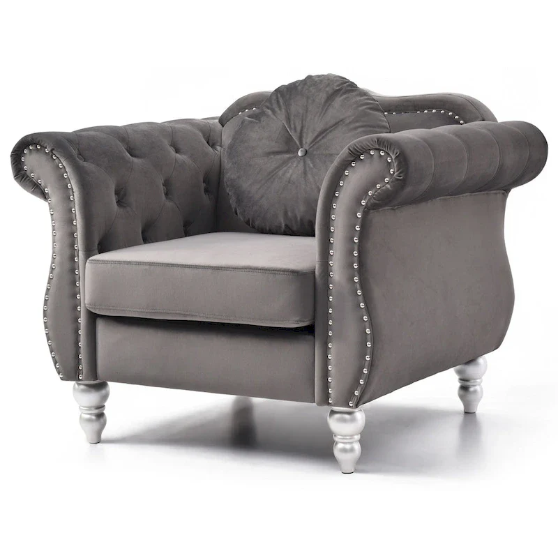 Navy Blue Velvet Accent Chair with Nailhead Trim