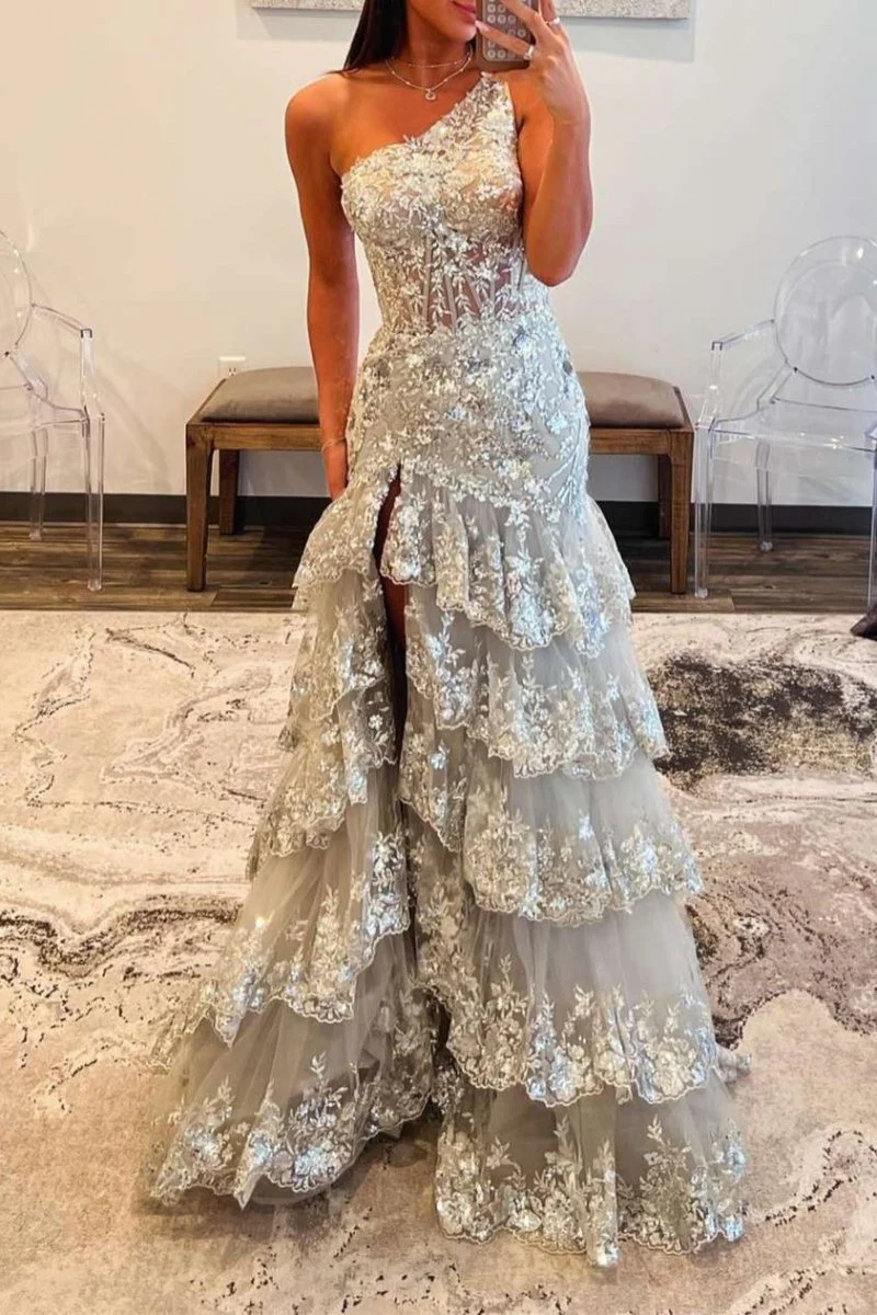 Sheath One Shoulder Tiered Lace Long Prom Dress