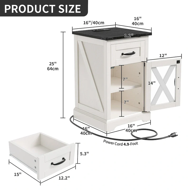 Moasis LED End Table with Shelf and Drawer, Side Table with Charging Station Power Outlet