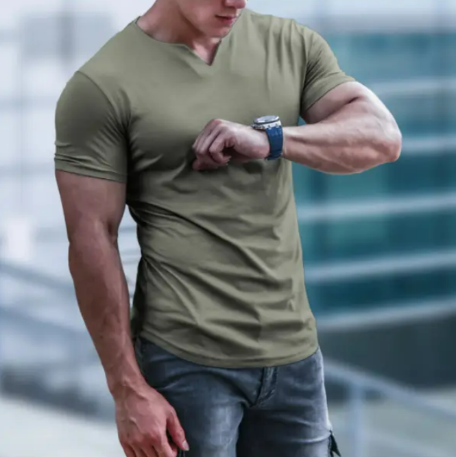 Men's Casual Slim Short Sleeve T-Shirt Sports Fitness Running V Neck Tops