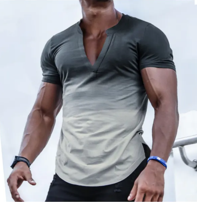 Men's Casual Slim Short Sleeve T-Shirt Sports Fitness Running V Neck Tops