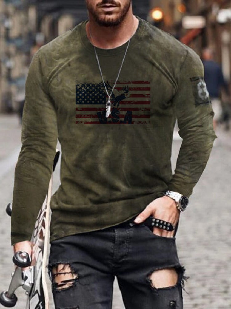 Men's Printed Pattern Crew Neck Long Sleeve Top