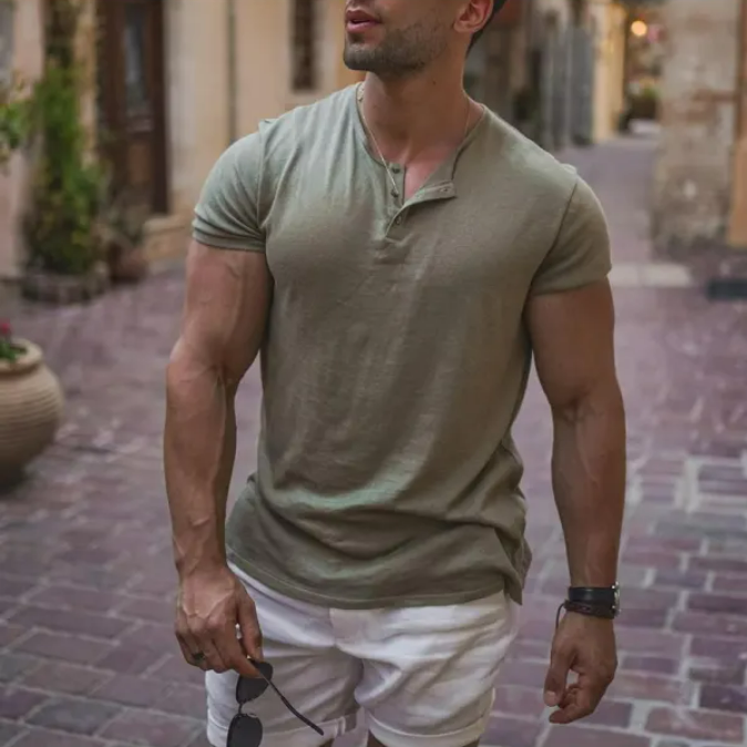 Men's Spring/Summer Henley Stretch Slim T-Shirt