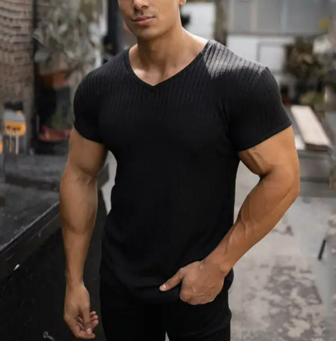 Men's Casual Slim Short Sleeve T-Shirt Sports Fitness Running V Neck Tops