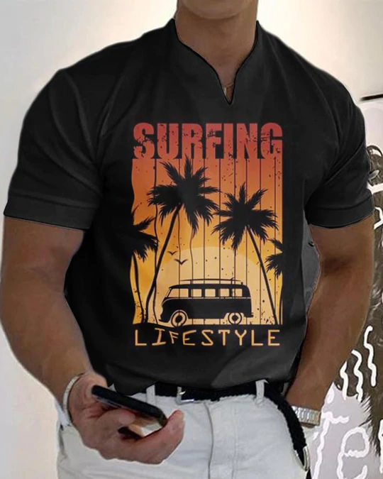 Men's Casual V-Neck Printed T-Shirt