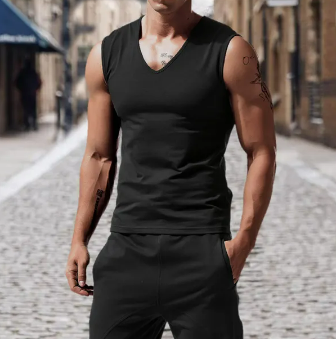 Men's Solid Color V-neck Tank Top Casual Breathable Sleeveless T-Shirt