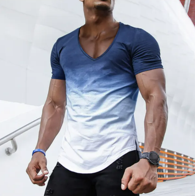 Men's Casual Slim Short Sleeve T-Shirt Sports Fitness Running V Neck Tops