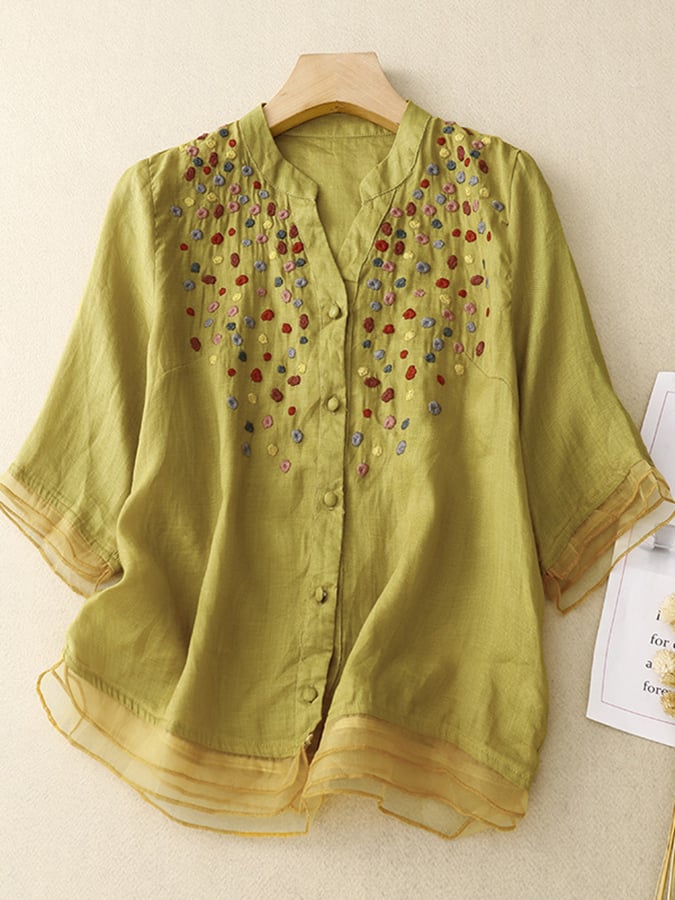 Literary Retro Loose All-Match Mesh Stitching Embroidery V-Neck Shirt