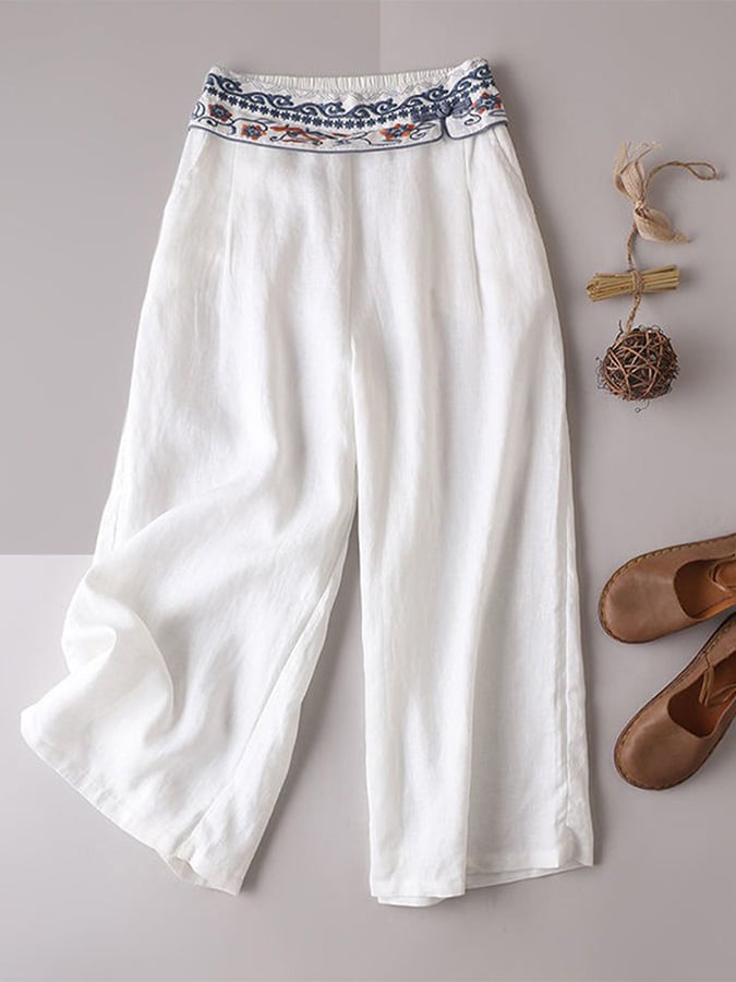 Ethnic Embroidered Waist Wide Leg Pants