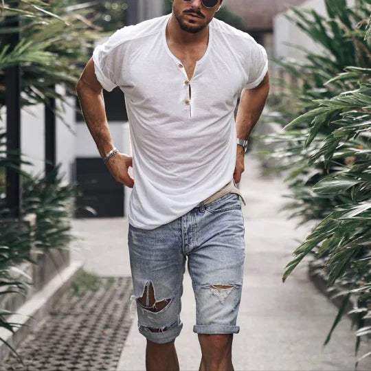 Holiday Casual Solid Color Breathable Henley T-Shirt