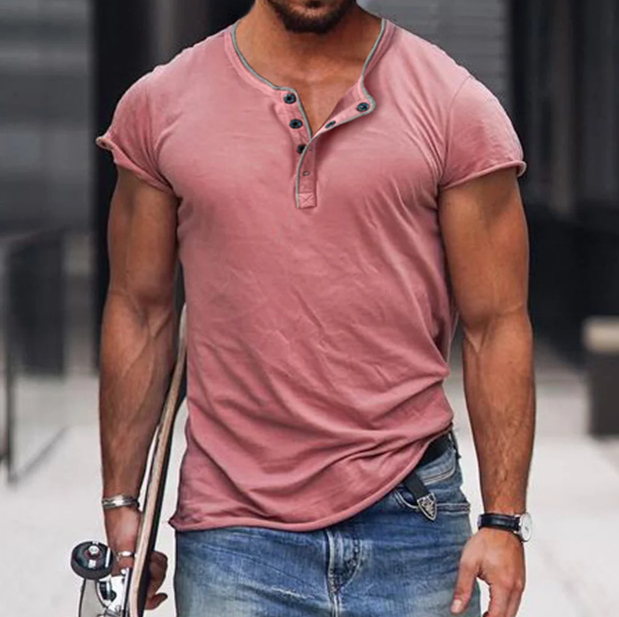 Men's Henley-neck Solid Color Breathable T-Shirt Casual Outdoor Motorcycle Top