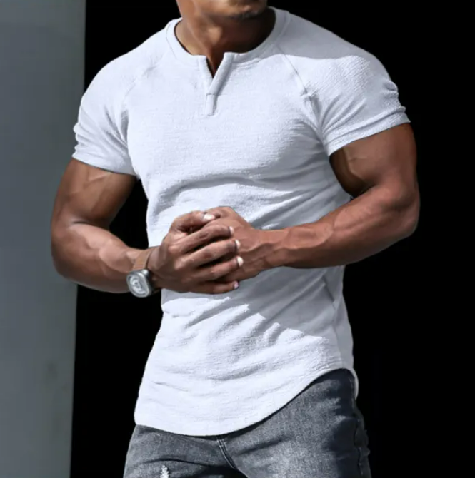 Men's Casual Slim Short Sleeve T-Shirt Sports Fitness Running V Neck Tops
