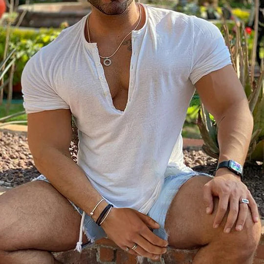 Men's Casual Breathable Vintage Henley Collar Cotton Short Sleeve T-Shirt