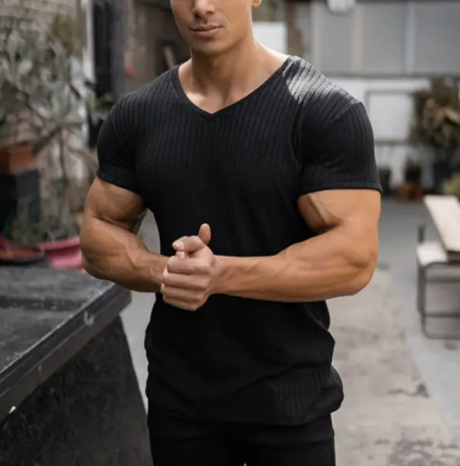 Men's Casual Slim Short Sleeve T-Shirt Sports Fitness Running V Neck Tops