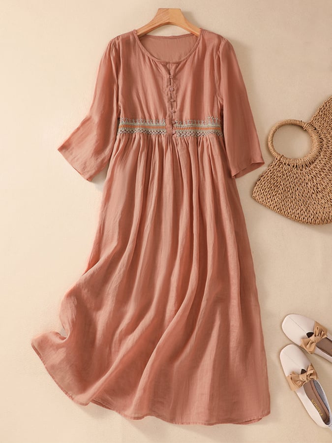 Cotton And Linen Patchwork Embroidered Dress
