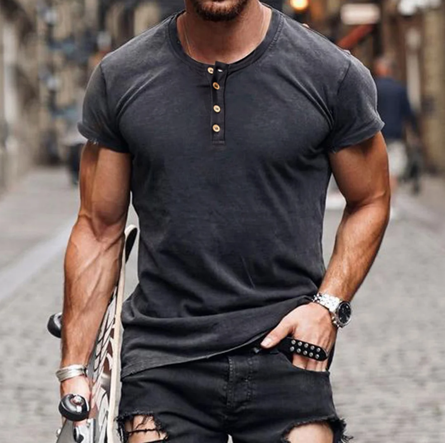 Men's Henley-neck Solid Color Breathable Casual T-Shirt