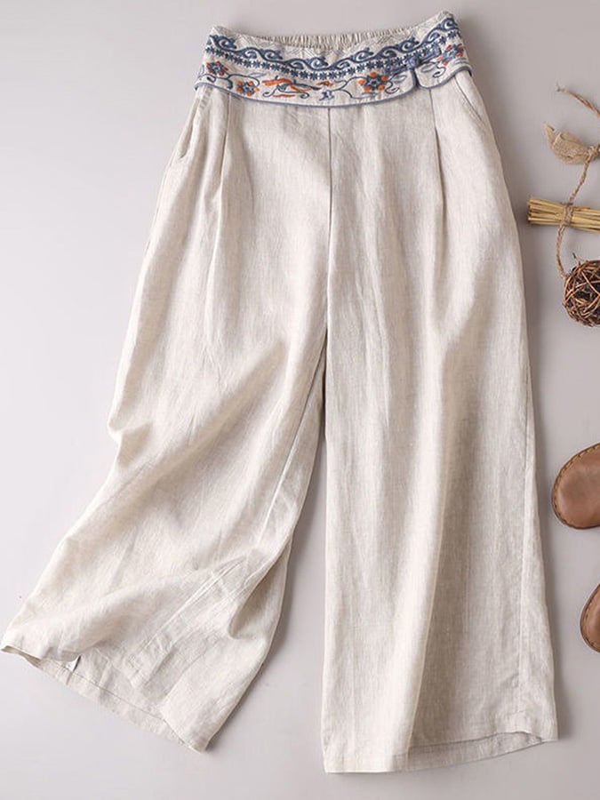 Ethnic Embroidered Waist Wide Leg Pants
