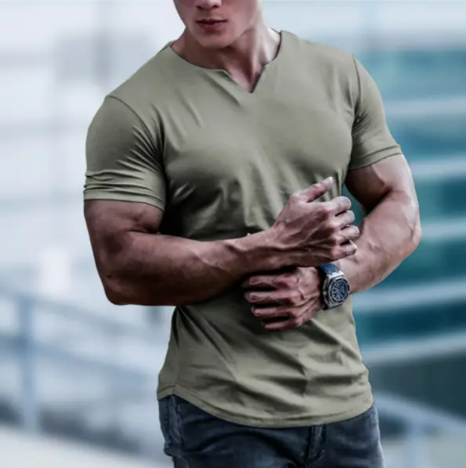 Men's Casual Slim Short Sleeve T-Shirt Sports Fitness Running V Neck Tops