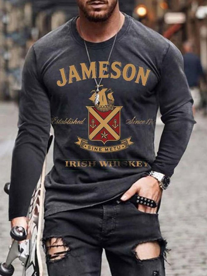 Men's Printed Pattern Crew Neck Long Sleeve Top