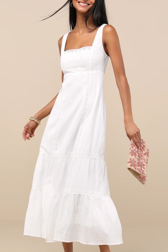 Esmeray White Lace Sleeveless Tiered Midi Dress