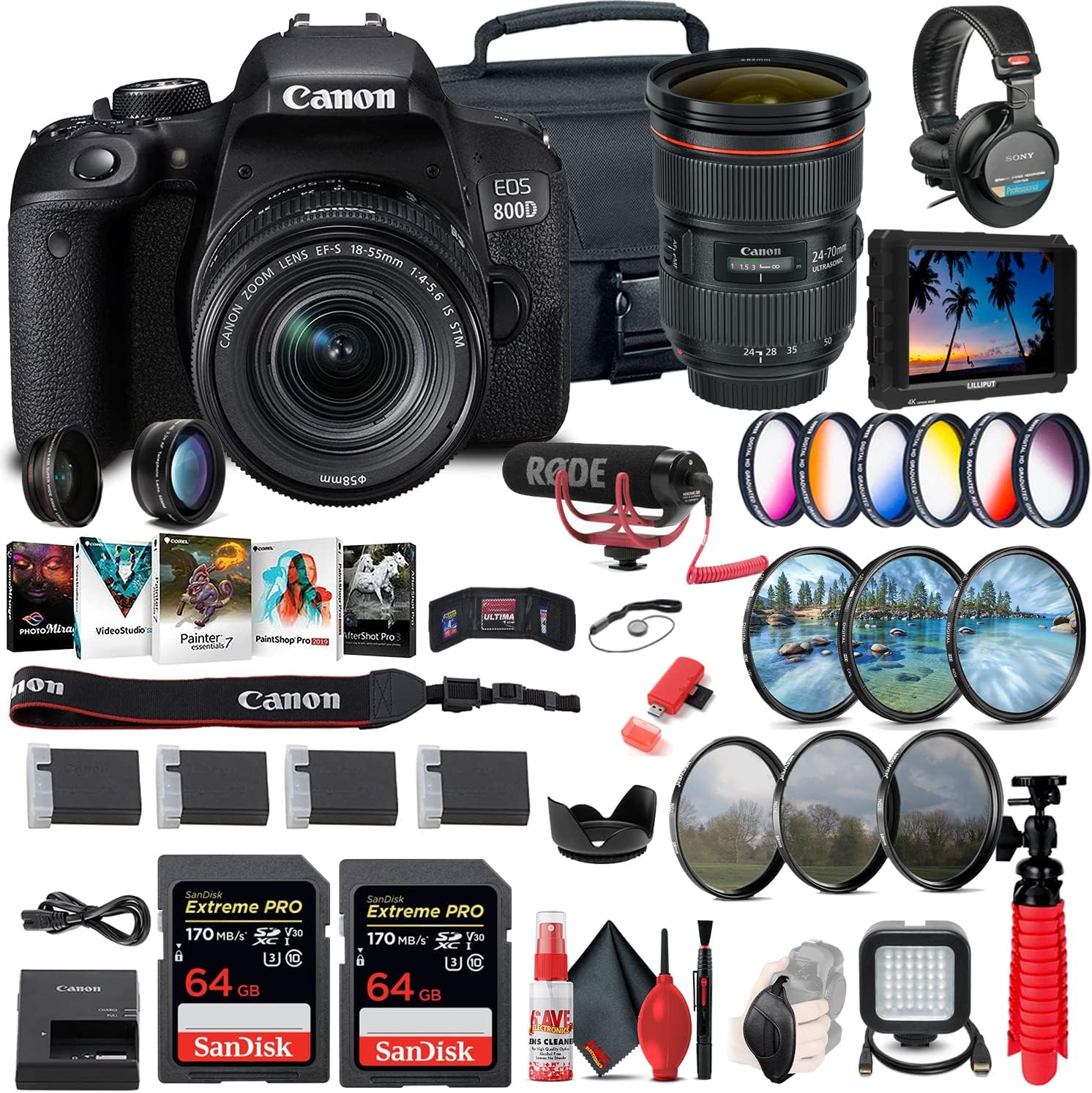 Canon EOS Rebel 800D / T7i DSLR Camera with 18-55 4-5.6 is STM Lens + 4K Monitor + Canon EF 24-70mm Lens + Mic + Headphones + 2 x 64GB Cards + Color Filter Kit + Case