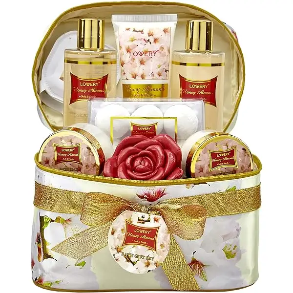 Christmas Basket, Bath and Body Gift Basket For Women – Honey Almond Home Spa Set with Fragrant Lotions, 6 Bath Bombs, Reusable Travel Cosmetics Bag and More, 14Pc Set, Birthday & Thank You Gifts