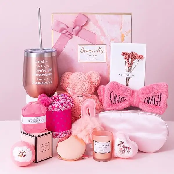 Gifts Basket for Women - Birthday Gift Box,Get Well Soon Gifts Set Contains 13 Items Inspirational Gift,Relaxing Spa Care Package for Women Friendship,Friend Gifts for Women Pink