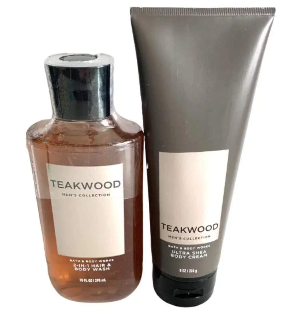 Bath and Body Works Teakwood Men's Collection Ultra Shea Body Cream and 2 in 1 Hair and Body Wash (2 Pack Bundle)