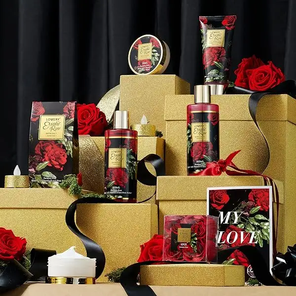 Christmas Spa Gifts for Women, Bath and Body Gift Set, Exotic Rose Gift Basket for Women & Men, Stress Relief Spa Kit, Thank You Birthday Mom Personalized Gifts, Body Scrub, Bubble Bath, Lotion & More