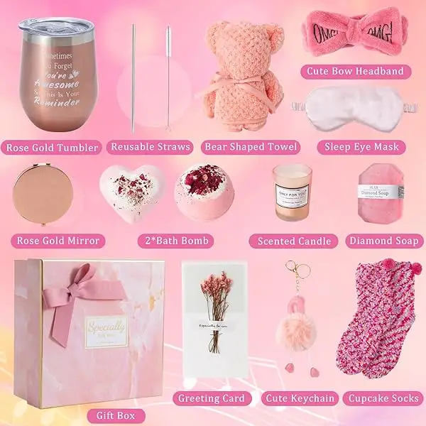 Gifts Basket for Women - Birthday Gift Box,Get Well Soon Gifts Set Contains 13 Items Inspirational Gift,Relaxing Spa Care Package for Women Friendship,Friend Gifts for Women Pink