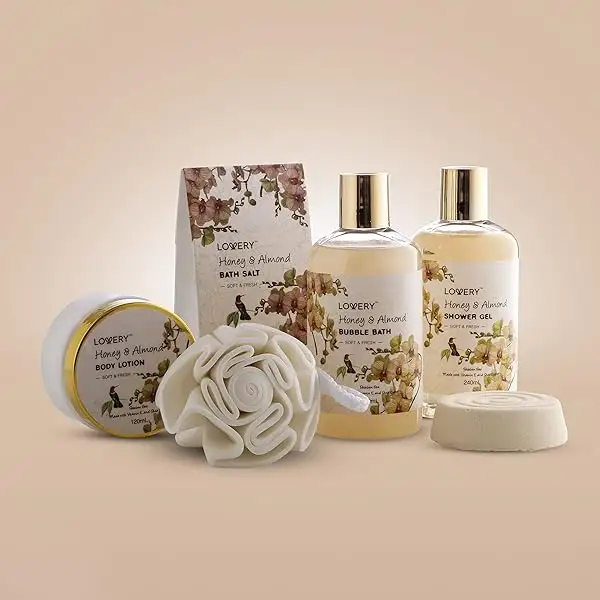 Home Spa Gift Basket - Honey & Almond Scent - Luxury Bath & Body Set For Women and Men With Shower Gel, Bubble Bath, Body Lotion, Bath Salt, Bath Bomb, Bath Puff & Handmade Weaved Basket