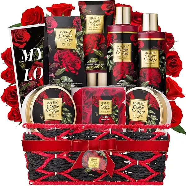 Christmas Spa Gifts for Women, Bath and Body Gift Set, Exotic Rose Gift Basket for Women & Men, Stress Relief Spa Kit, Thank You Birthday Mom Personalized Gifts, Body Scrub, Bubble Bath, Lotion & More