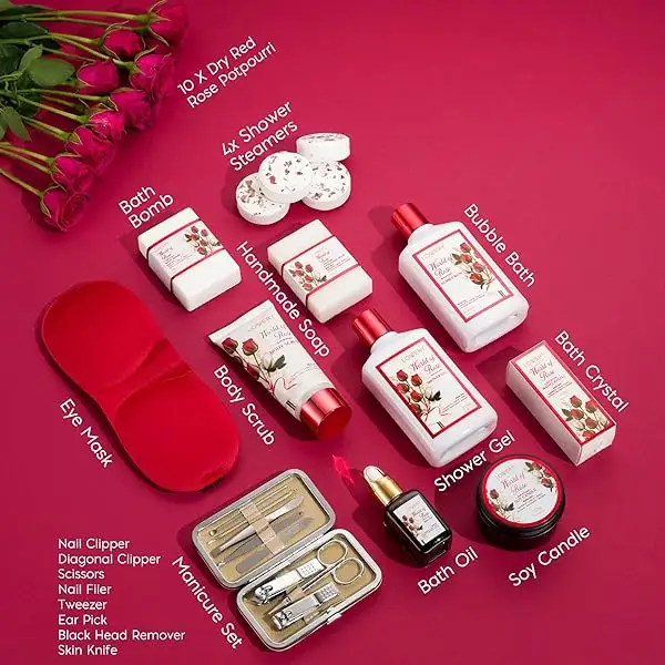 Christmas Gifts, Spa Gifts for Women, Bath and Body Gift Set, Red Rose Gift Basket, 35Pc Stress Relief Spa Kit, Thank You, Birthday, Mom - Nail Care Kit, Body Scrub, Bubble Bath, Bath Bomb & More