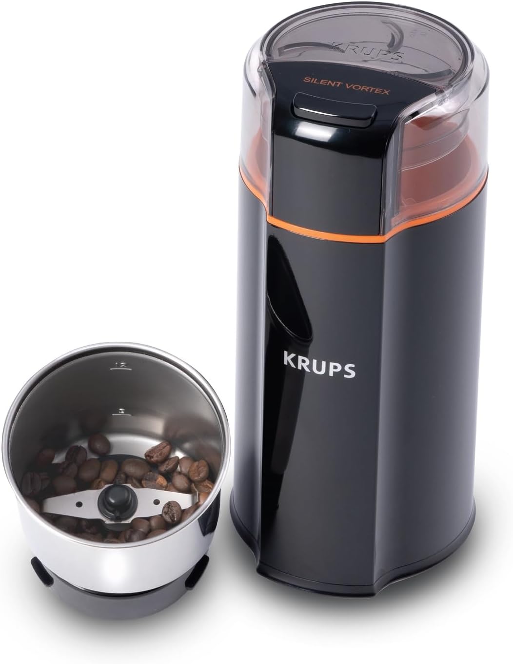 Krups One-Touch Coffee and Spice Grinder 3 Ounce Bean Hopper Easy to Use, One Touch Operation 200 Watts Coffee, Spices, Dry Herbs, Nuts, 12 Cup Black