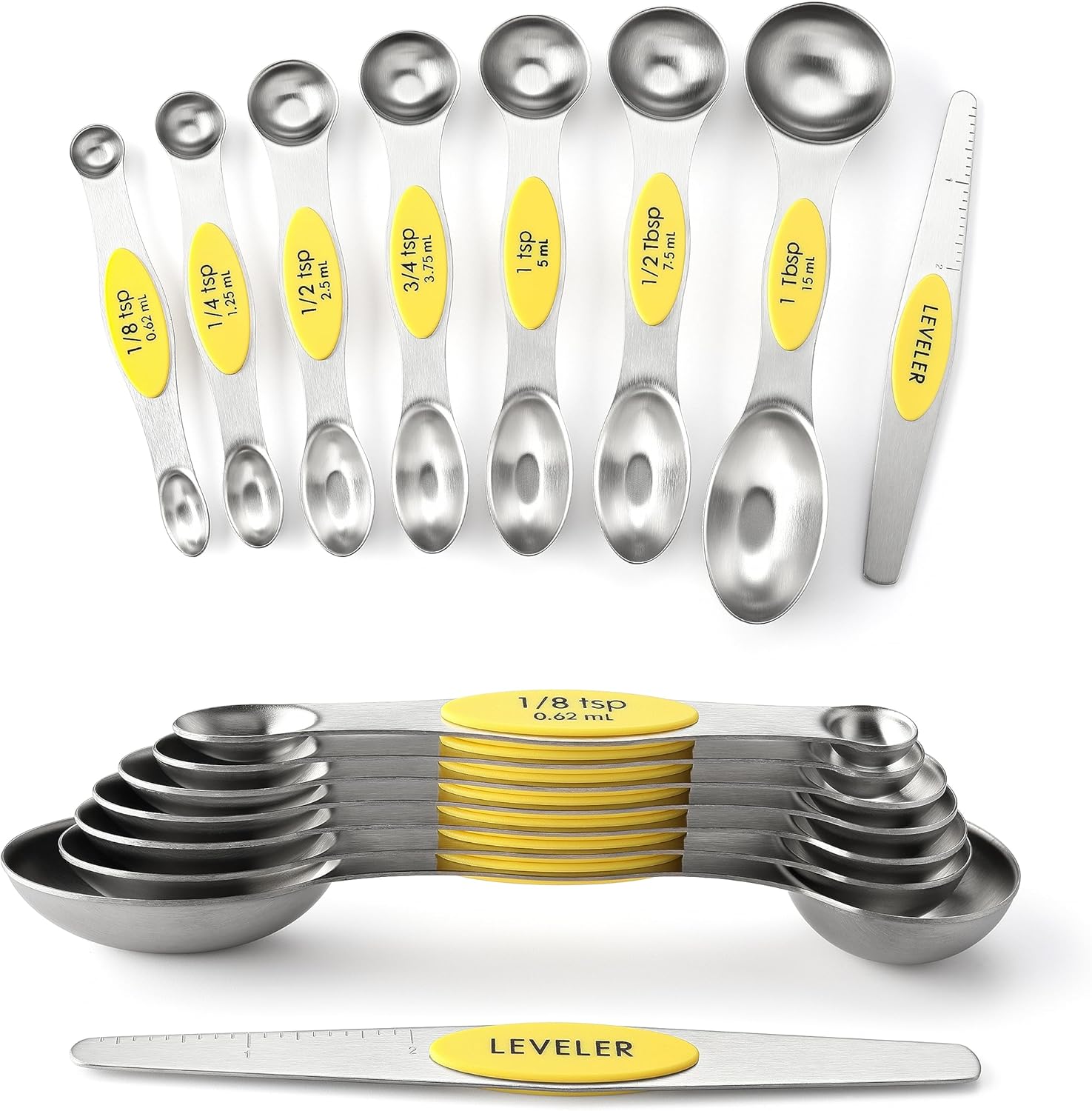 Spring Chef Magnetic Measuring Spoons Set with Strong N45 Magnets, Heavy Duty Stainless Steel Metal, Fits in Most Kitchen Spice Jars for Baking & Cooking, BPA Free, Black, Set of 8 with Leveler