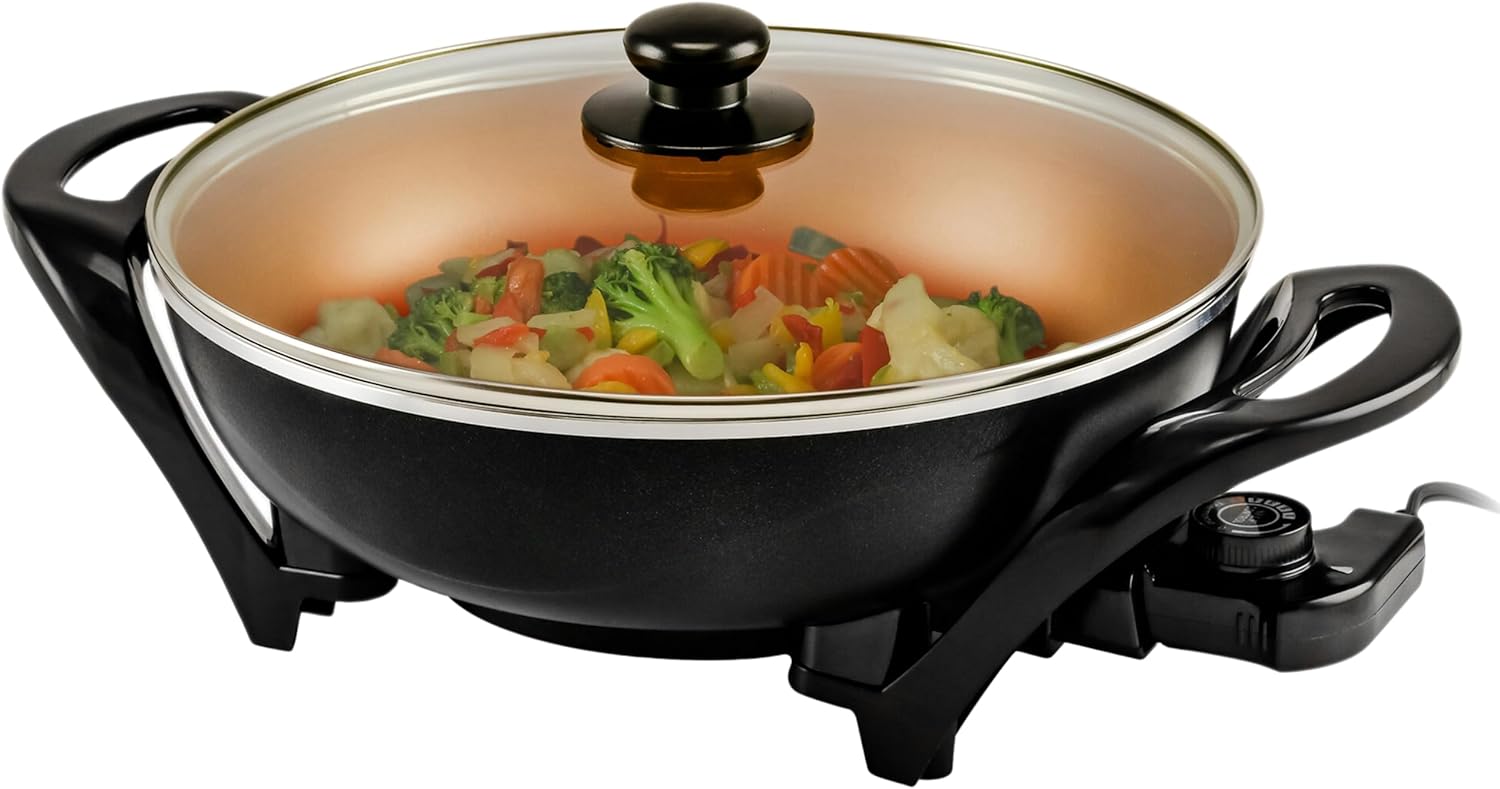 OVENTE 12 Inch Electric Skillet and Frying Pan with Nonstick Coating, 1400W Power, Adjustable Temperature Control, Tempered Glass Lid with Vent and Cool Touch Handles, Black SK11112B