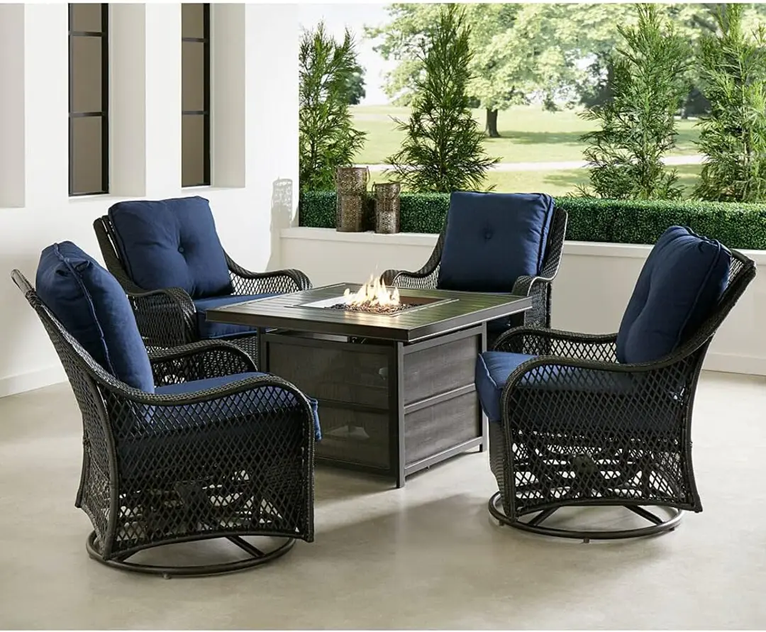 Hanover Orleans 5-Piece Steel Patio Fire Pit Conversation Set with Cushions, Swivel Gliders and Square Fire Pit Table