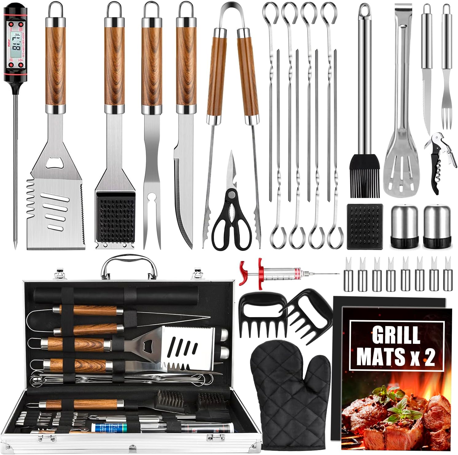 Cifaisi BBQ Grill Accessories Set, 38Pcs Stainless Steel Grill Tools Grilling Accessories with Aluminum Case, Thermometer, Grill Mats for Camping/Backyard Barbecue.