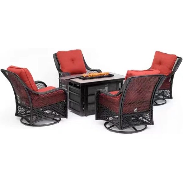 5-Piece Steel Patio Fire Pit Conversation Set with Navy Blue Cushions, Swivel Gliders and Square Fire Pit Table