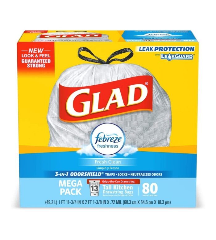 Glad Tall Kitchen Drawstring Trash BagsOdorShield 13 Gallon Grey Trash Bag, Febreze Fresh Clean80 Count