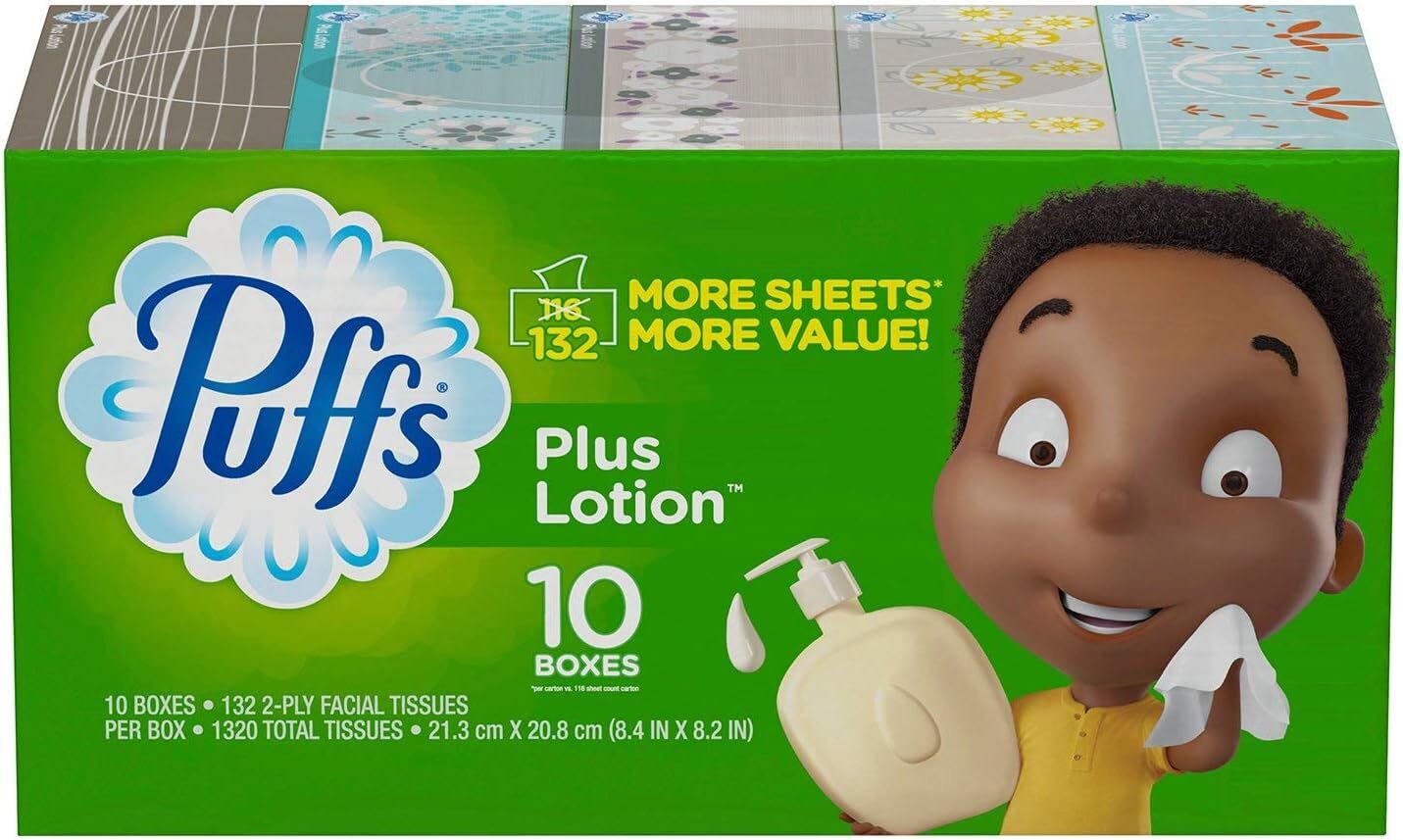 Puffs Plus Lotion Facial Tissues, 8 Family Boxes, 124 Facial Tissues per Box (Packaging May Vary)