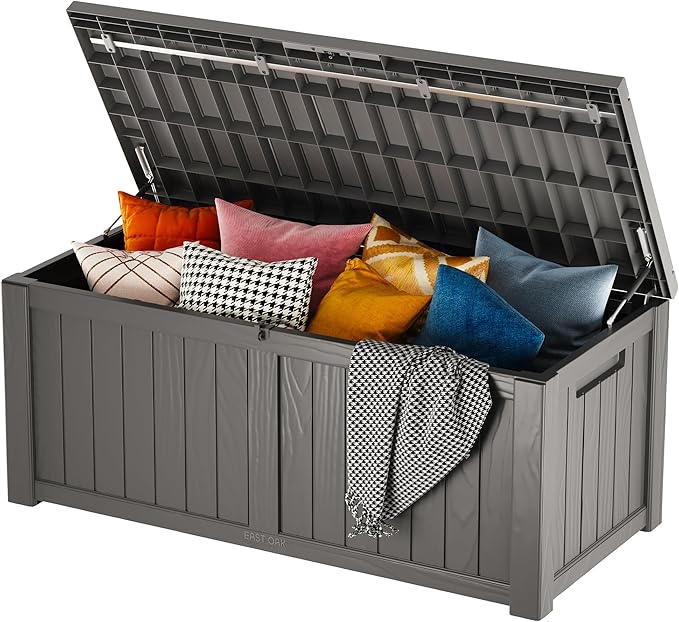 EAST OAK Outdoor Storage Box, 120 Gallon Deck Box with Stainless Steel Rods Large Resin Storage Bin for Patio Cushions, Garden Tools, Waterproof and UV Resistant, Lockable