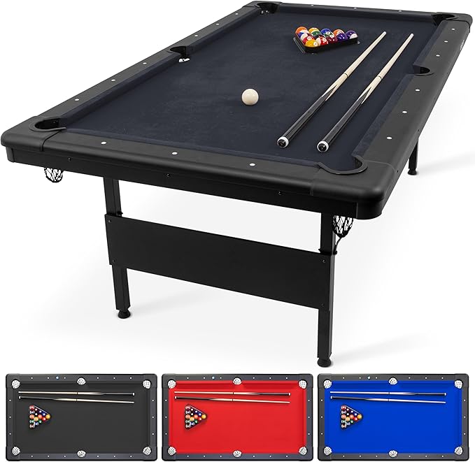 GoSports 7ft Billiards Table – Portable Pool Table – Includes Full Set of Balls, 2 Cue Sticks, Chalk, and Felt Brush