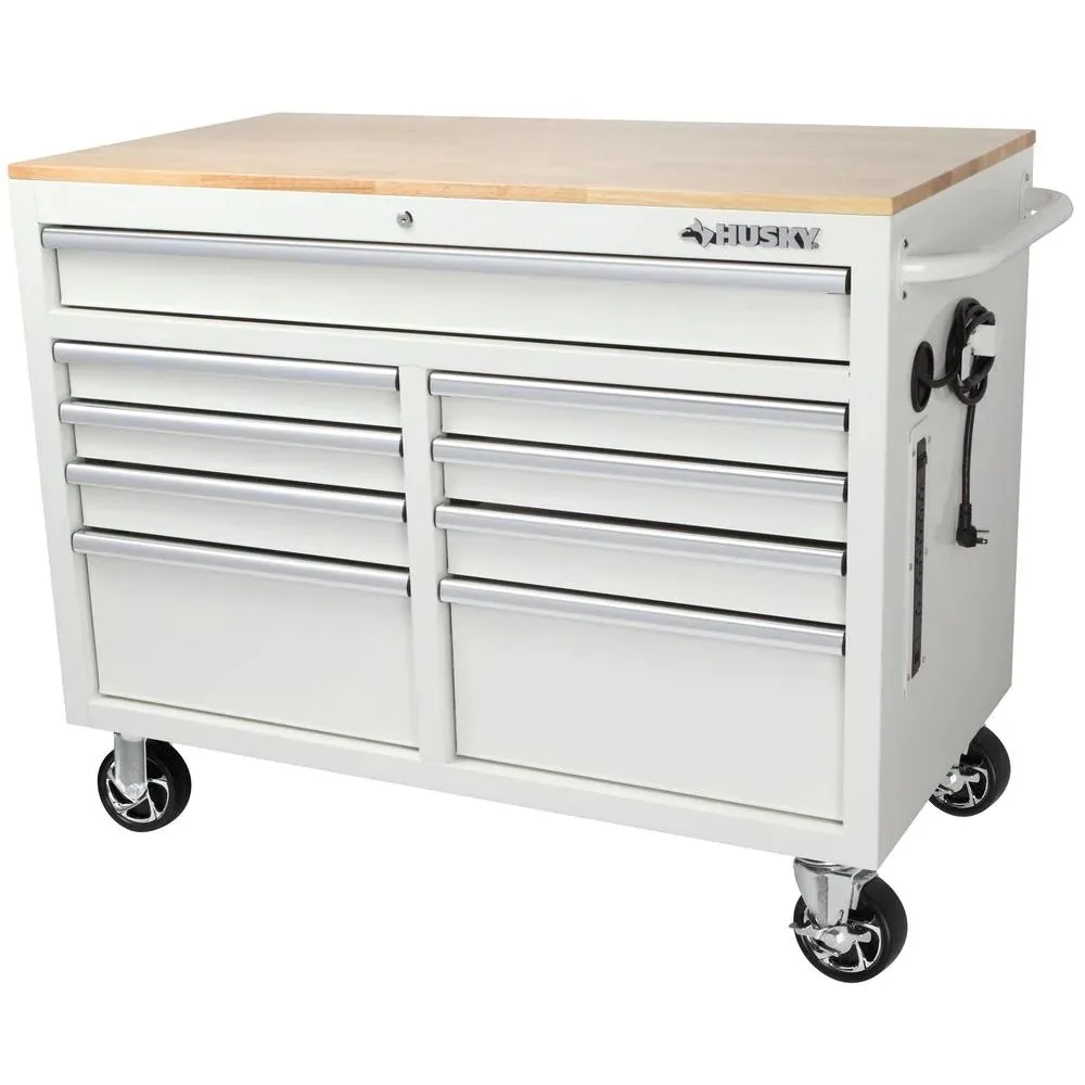 🔥Special Offer Only Today - 46 in. W x 24.5 in. D 9-Drawer Gloss Black Deep Tool Chest Mobile Workbench with Hardwood Top and Power Station